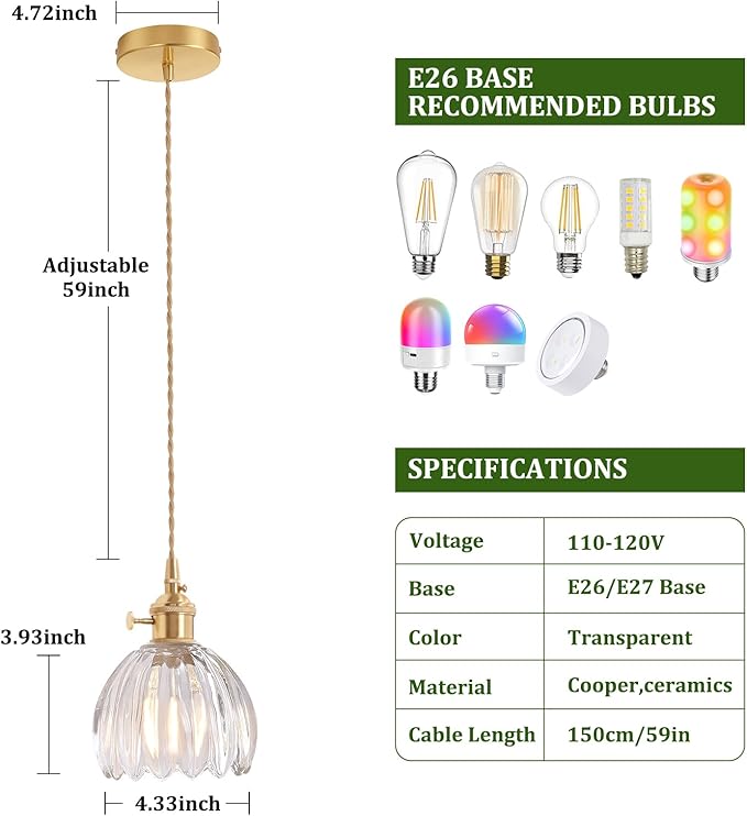 Shenmoyl Pendant Light with Clear Tulip Glass Lmapshade, Brass Vintage Pendant Light Adjustable Hanging Light for Kitchen Island Dining Room Hallway