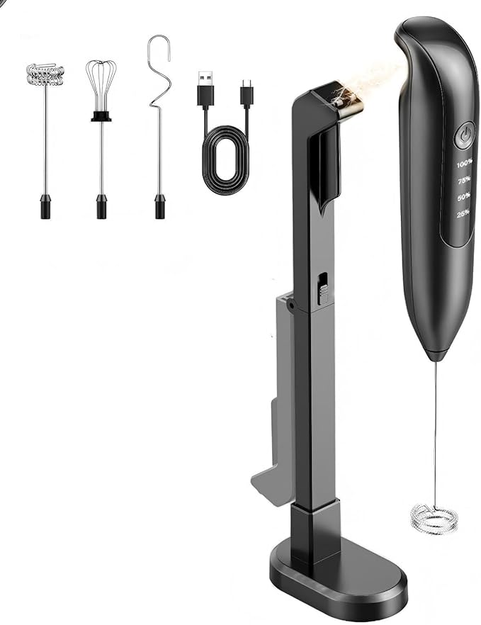 Electric Milk Frother Handheld, coffee frother rechargeable 3 in 1 - LED Display for Latte, Cappuccino - Charcoal Black