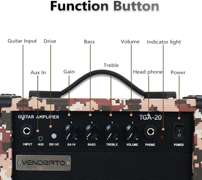 Electric Guitar Amp Pixel Mosaic Color 20W 6.5Inch Speaker Portable Size Input Jack Aux Drive Gain Bass Treble Volume Headphone Multi Function Suitable for Beginner Starter Practice in Home Outdoor
