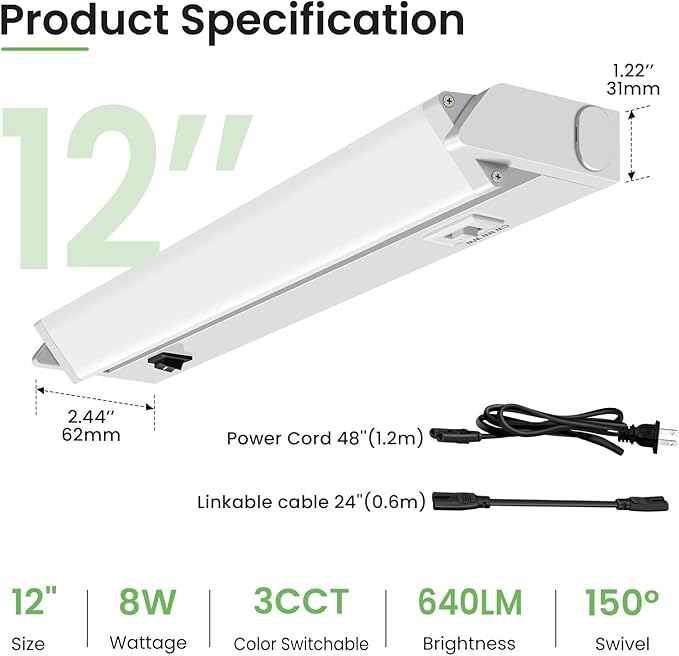 ALUSSO Under Cabinet Lighting, 12 Inch Linkable LED Under Cabinet Lights with Plug, 150° Swivel Light Bar, 3 Color Temperatures (3000K/4000K/6500K), 8 W 640 Lumen, for Kitchen Counter, Closet - 2 Pack