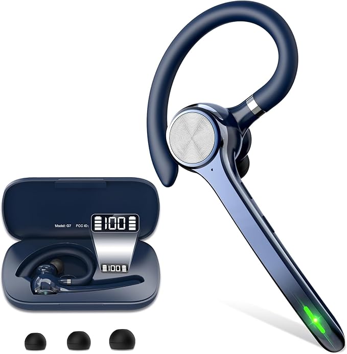 HEIBAS Bluetooth Headset, Wireless Bluetooth Earpiece with 500mAh Charging Case 72 Hours Talking Time Built-in Microphone for iOS Android Cell Phone, Hand-Free Headphones for Trucker, Office-Blue