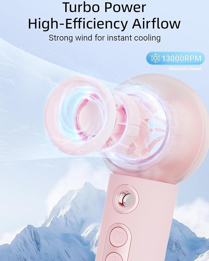 Tendiren Portable Handheld Misting Fan, Rechargeable Personal Mini Fan with Mist, 4 Speed Turbo Powerful Cooling Fans with Water Spray Tank for Travel, Home, Office, Outdoor, Camping, Beach (Pink)