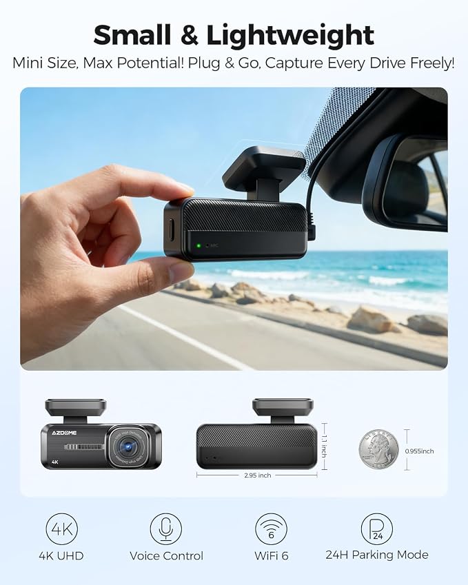 AZDOME 4K Dash Cam Front, Voice Control Dash Camera for Cars, WiFi 6 Mini Dashcam with APP Live Chat Support, Car Camera, Loop Recording, G-Sensor, 24H Parking Mode, Support 256GB Max Easy to Install