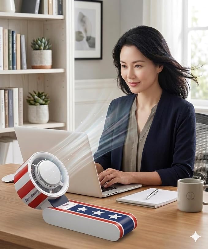 USA 250th Anniversary Celebration Fan Portable cooling with Ice Core technology, lanyard, UL-certified 4000 mAh battery, larger fan head with 9000 RPM for noise reduction