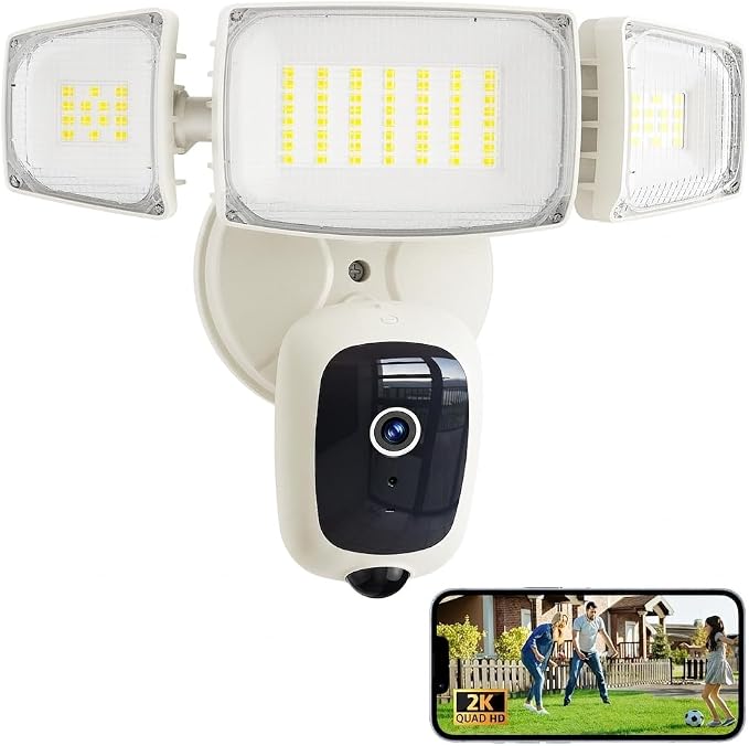 Olafus Floodlight Camera Outdoor – 2K QHD Security Cam with Motion-Activated Flood Lights, Custom Detection Zones, Color Night Vision, 2-Way Talk & 55W Dimmable Lighting White Cream