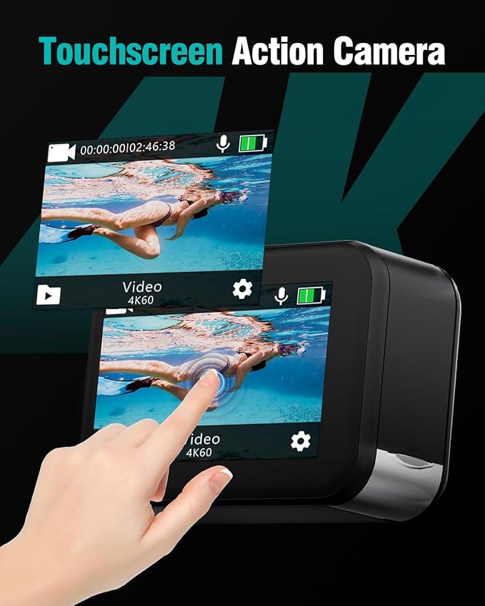 4K60fps Waterproof Action Camera- Bare Metal Underwater 10M with 64G SD Card, HD 48MP Touchscreen Sports 6-Axis Stabilization,8X Zoom Underwater Camera Snorkeling with Helmet Accessories