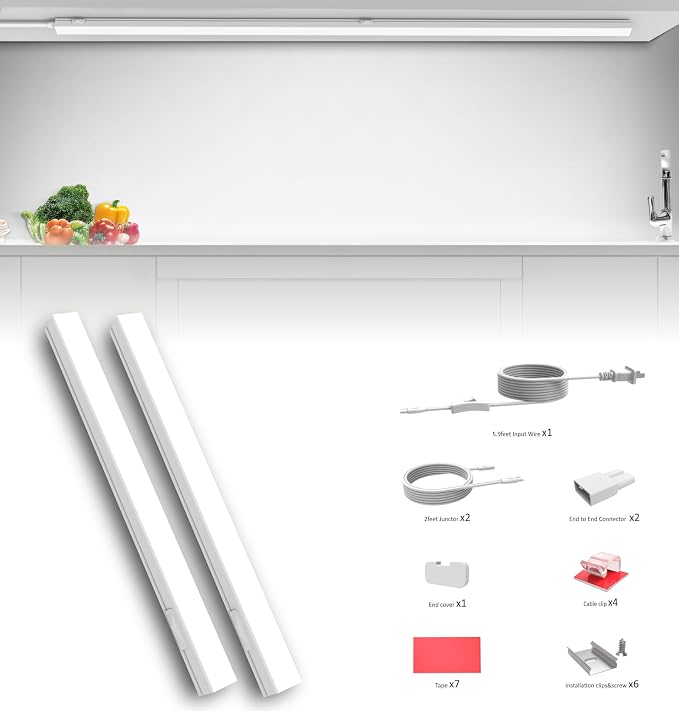 Leetdud Under Cabinet Lighting Plug in, 24 Inch 2 Pcs, Linkable AC120V 3CCT 3000K/4000K/5000K Ultra Slim, LED Under Cabinet Lights for Counter Light, Kitchen, Shelf, Sink, Workshop, Desk, White