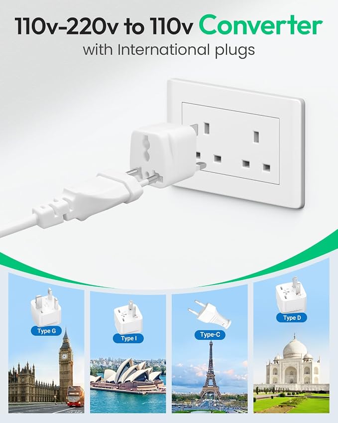 220V to 110V Converter, Voltage Converter US to Europe with 1 USB A & 2 USB C Ports Fast Charging, 2 AC Sockets and UK/AU/US/EU Worldwide Plug Adapter