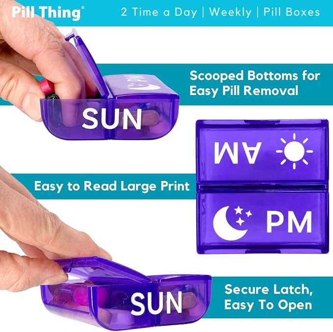 2 Times a Day, 7 Day Large Weekly Pill Organizer with Holder Tray, Vitamin, Medicine Box, Multicolor with Medical Alert Card (2X a Day - 2 Pack)