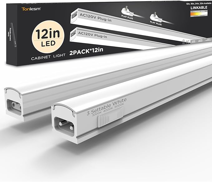 Under Cabinet Lighting Plug in 12in 2Pack AC120V 3CCT 3000/4000/5000K, Super Bright,Linkable Under Counter Lights for Kitchen, Ultra Slim LED Cabinet Light,ETL White