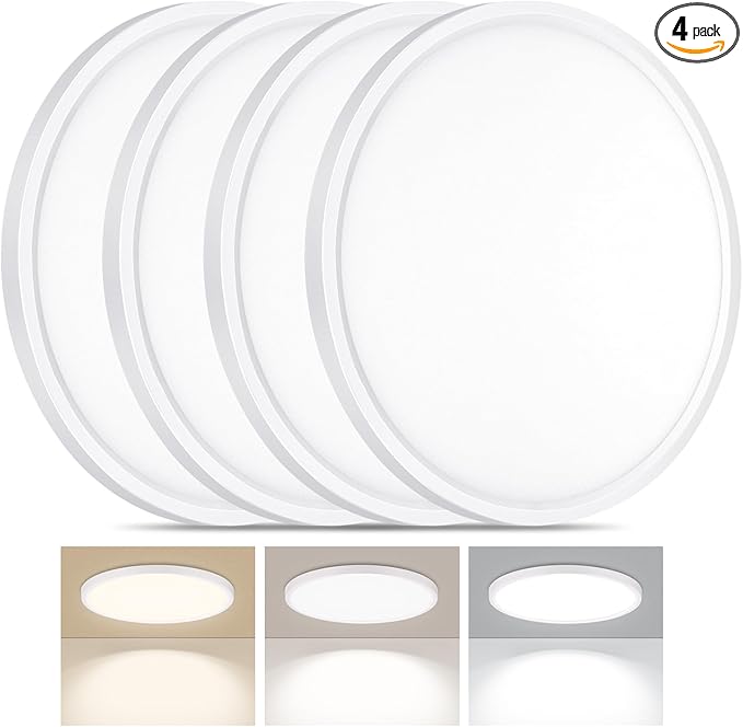 4 Pack LED Flush Mount Ceiling Light, 24W Ultra Thin Round White 3000k/4000k/6500k 3 Color Temperatures Adjusted 12 Inch Modern Ceiling Lights for Bedroom Bathroom Kitchen, Wired
