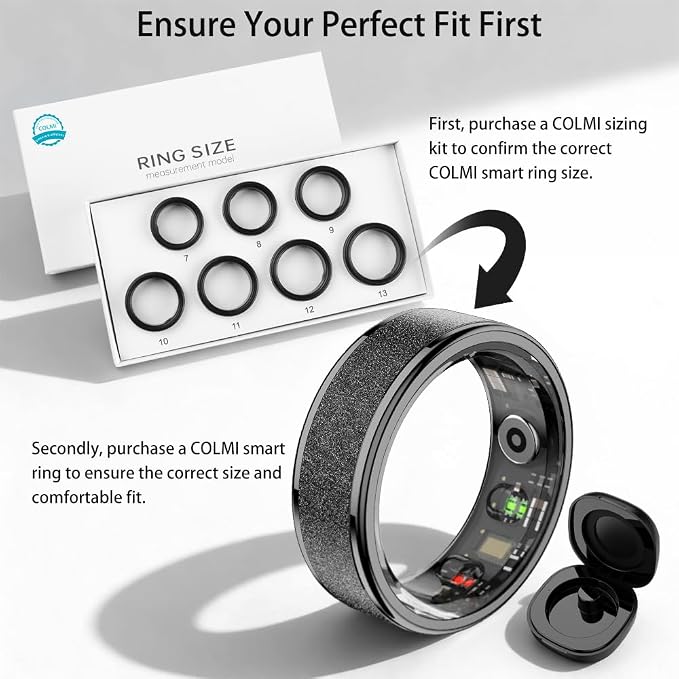 COLMI R10 Smart Ring, Smart Health Ring for Women, Features Heart Rate, Blood Oxygen, Pedometer, and Fitness Tracker, Smart Ring Womens, No Subscription Fee. (Black, 7#)