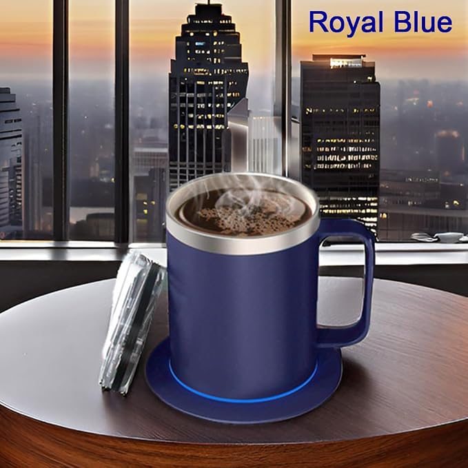 Self Heating Coffee Mug, USB Heated Coffee Mug Warmer Set with Lid, 131°F Keep Warm Cup for Home Office, (Royal Blue-12oz)