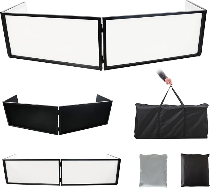 DJ Booth DJ Facade Portable DJ Event Booth Foldable Cover Screen Metal Frame Booth Front Board Video Light Projector Display Scrim Panel w/Travel Bag Black White Scrims