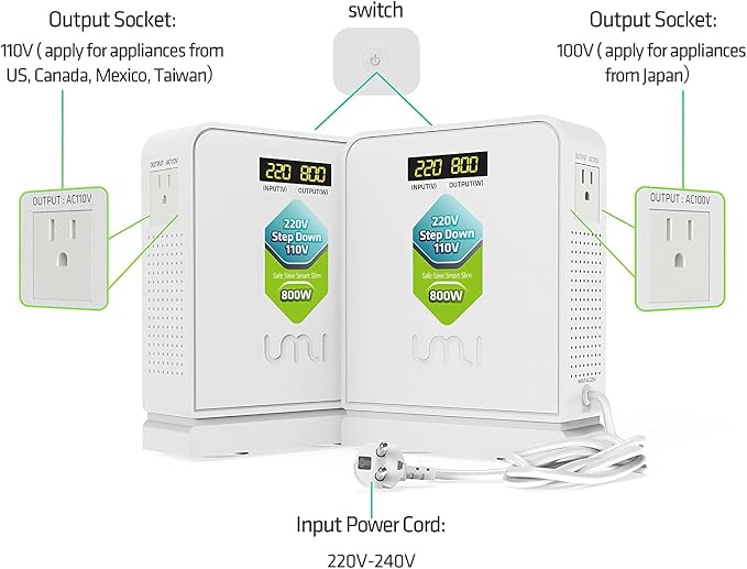 UMI Step Down Voltage Converter 800 Watts 220V to 110V for US Canada Japan Electrical Appliances Use in Europe and Asia 220-240v Power System - Adopt Toroidal Transformer - Stable and Safe