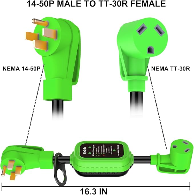 EyGde 50 Amp to 30 Amp RV Adapter with Surge Protector, Patented 5000Joules NEMA 14-50P to NEMA TT-30R RV Adapter Plug 16.3 Inch, Circuit Analyzer Power Guard for Camper Travel Trailer, Green