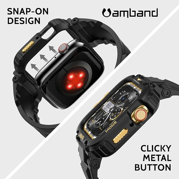 amBand Bands Compatible with Apple Watch 9/8/7 45mm, M1 Sport Series Rugged Case Protective Cover for iWatch 6/SE (3/2/1)/5/4/3 44mm Black Gold