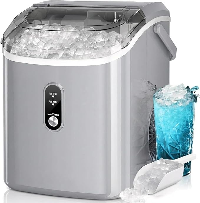 Kismile Nugget Ice Makers Countertop,35Lbs/24H,Portable Ice Machine with Crushed Ice,Self-Cleaning Function,One-Click Operation for Home/Office(Grey)