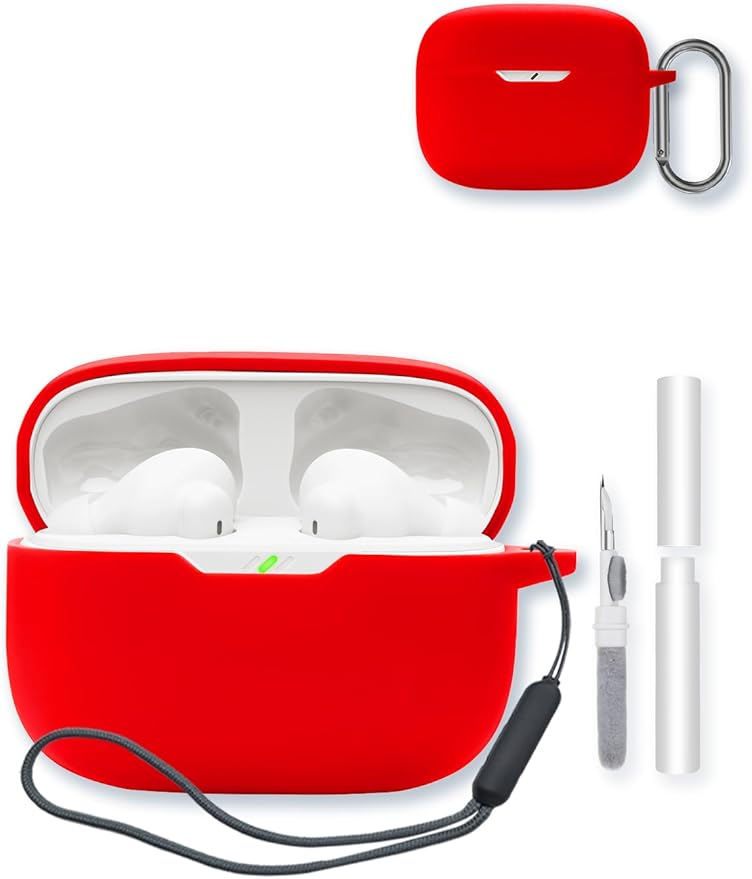 Case for JBL Vibe Beam 2 True Wireless Noise Cancelling Earbuds,Soft Protective,BOVUGAC Silicone Case Cover with Keychain & Cleaning Kit & Lanyard for JBL Vibe Beam 2-Red