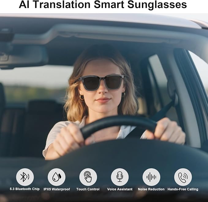 AI Smart Glasses for Men Women- Real-Time Translation (165+ Languages), Noise Cancelling, Open Ear Bluetooth Glasses, Polarized UV400 Smart Sunglasses, Auto On/Off Head Detection - Grey