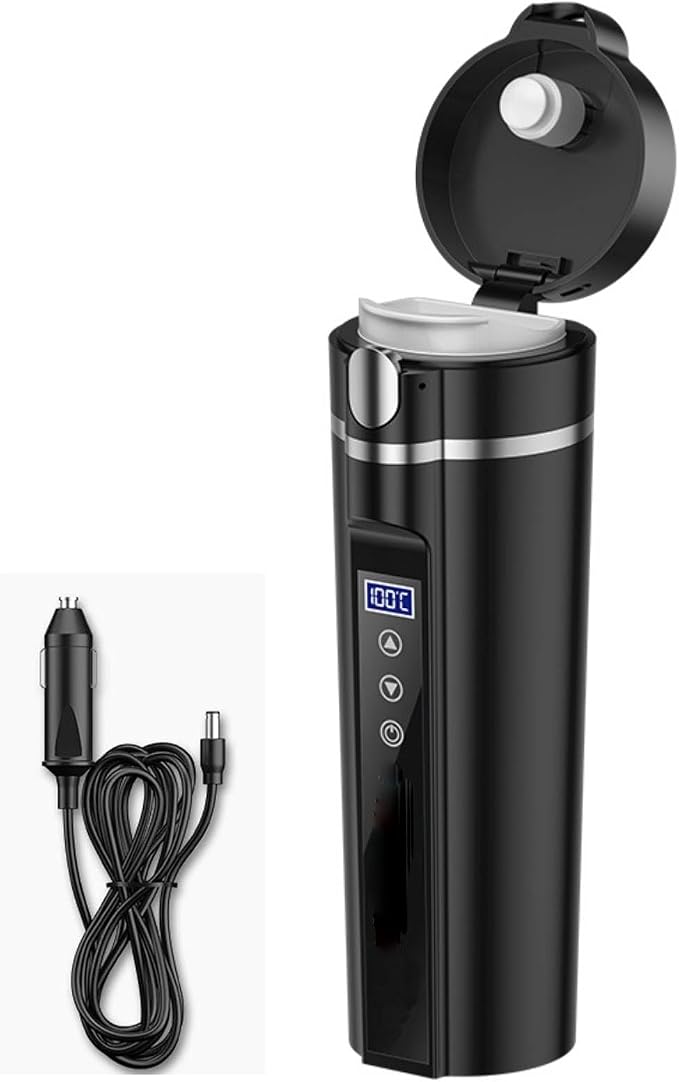 450ml Car Electric Kettle, 12V/24V 30-100℃ Adjustable Portable Water Boiler Heated Mug Car Heating Cup Coffee Warmer with Cigarette Lighter and Tea Filter for Truck RV Travel Camping Road Trip