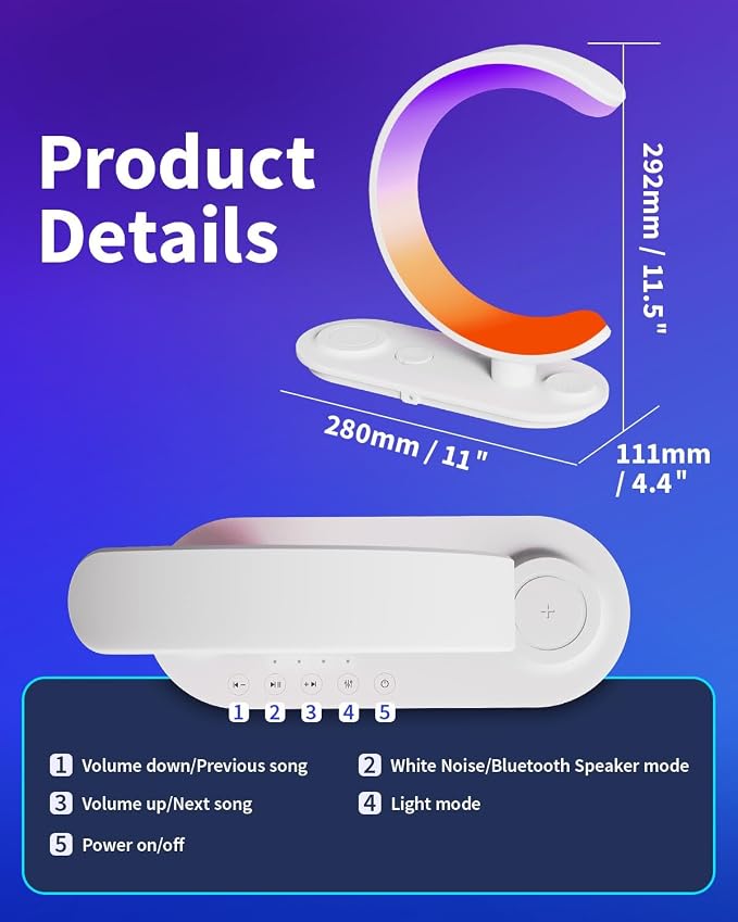 4 in 1 Bluetooth Speaker Night Light with Wireless Charger, Atmosphere Lamp with 24 Soothing Sounds, 16M+ Colors & App Control, Smart Light Sound Machine for Bedroom Home Decor (White)