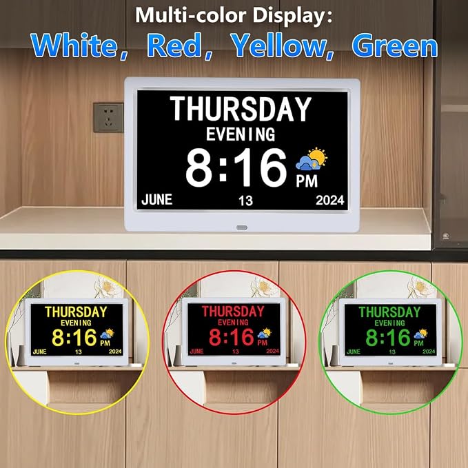 AINFTIME DST Digital Clock with Date and Day of Week for Elderly-12 Alarms Medication Reminder Dementia Alzheimers Clock Calendar with Extra Large Display (10.1 inch White)
