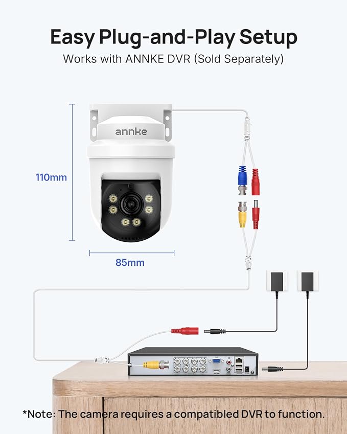 ANNKE 5MP TVI CCTV Home Surveillance Dome PT Wired Camera with 350° pan and 90° tilt, 100ft IR Night Vision, IP65 Weatherproof Security Add–On Cam for Outdoor Use (DVR Required, Not Included)
