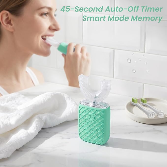 Sonic Electric U Shaped Toothbrush for Adults, Automatic Full Mouth Cleaning Toothbrush, 360° Stain Removal, IPX7 Waterproof Rechargeable, 3 U-Shape & 2 Straight Brush Heads (Green-Cup)