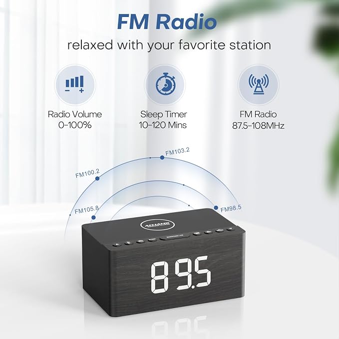 ANJANK Wooden Bluetooth Speaker Alarm Clock with Fm Radio, Wireless Charging Station for iPhone/Samsung, USB Charger Port, Dimmable Display, Sleep Timer, Digital Wood Bedroom, Bedside Grey+bluetooth