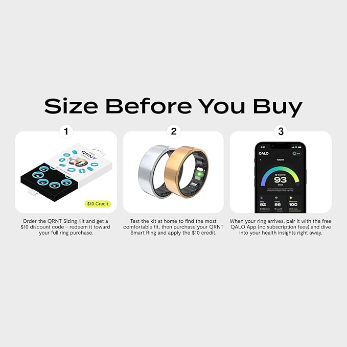 QALO Slim Smart Ring – Size Before You Buy – No Subscription Fee – Titanium Fitness Tracker, Tracking for Sleep, Steps, HRV, Women’s Health, iOS & Android Compatible (Silver, Size 13)