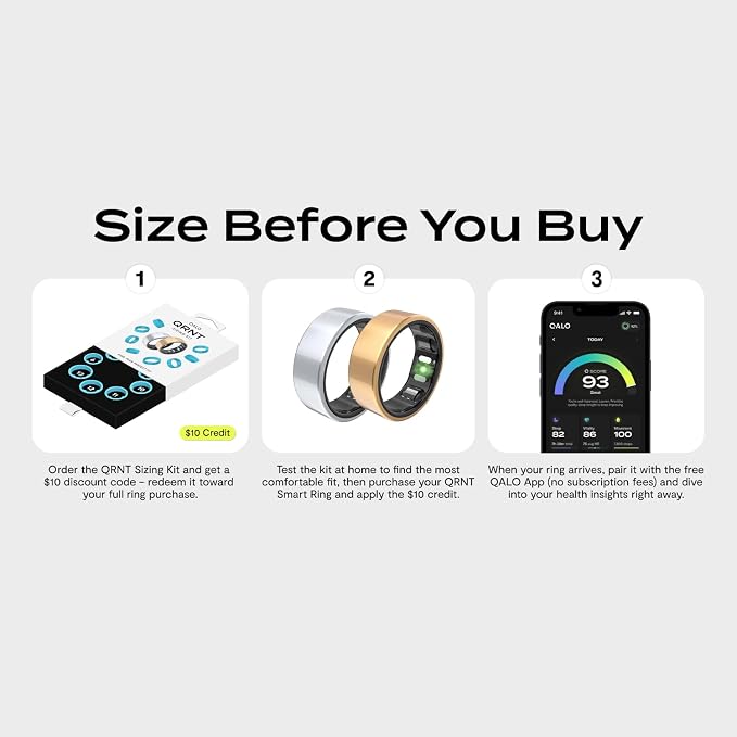 QALO Slim Smart Ring – Size Before You Buy – No Subscription Fee – Titanium Fitness Tracker, Tracking for Sleep, Steps, HRV, Women’s Health, iOS & Android Compatible (Gold, Size 08)