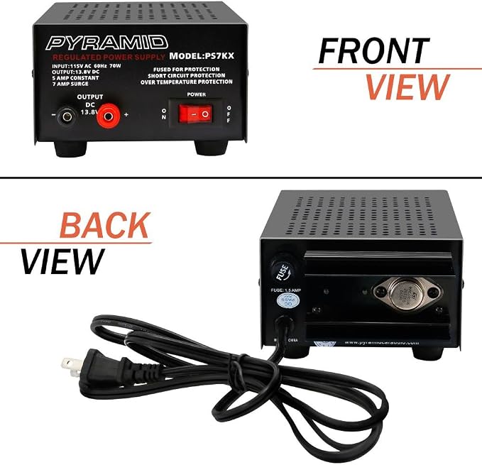 Pyramid Universal Compact Bench Power Supply - 5 Amp Linear Regulated Home Lab Benchtop AC-to-DC 12V Converter w/ 13.8 Volt DC 115V AC 70 Watt Power Input, Screw Type Terminals, Cooling Fan - PS7KX