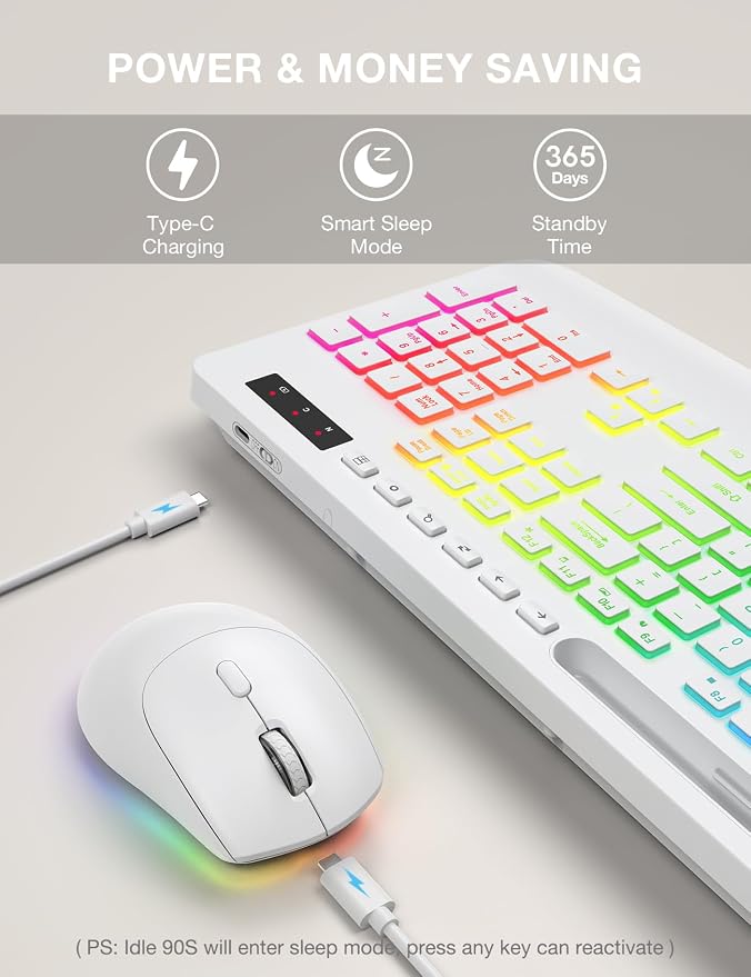 SABLUTE Wireless Keyboard and Mouse Combo, 9 Backlit Effects, Wrist Rest, Phone Holder, 2.4G Lag-Free Ergonomic Keyboards, KM22 MAX Rechargeable Silent Set for Computer, Laptop, Mac, Windows（White）