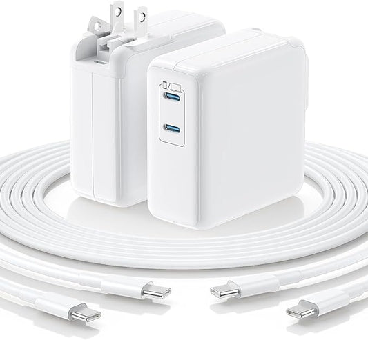 Essri MacBook Pro Charger,75W USB C Charger 2Pack with Foldable Plug,Dual 75W Ports Fast Charging for MacBook Pro Air,iPad Pro,iPhone 17/16/15,Includes 6FT+6FT USB C to C Cables - White