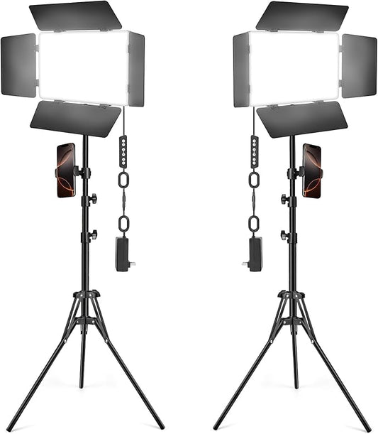 2 Pack LED Video Light Kit with Barn Door, Kewaiaa 30W Photography Light Panel with Stand, 3000Lux 2500K-8500K Dimmable Studio Lights for Video Recording/Filming/Photoshoot Shooting/Live Streaming