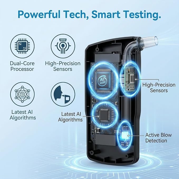Breathalyzer Alcohol Tester with LCD Digital Display, Portable BAC Breathalyzer, Accurate Personal Alcohol Tester for Home and Driving Safety, Includes 25 Mouthpieces, Compact Design (Black)