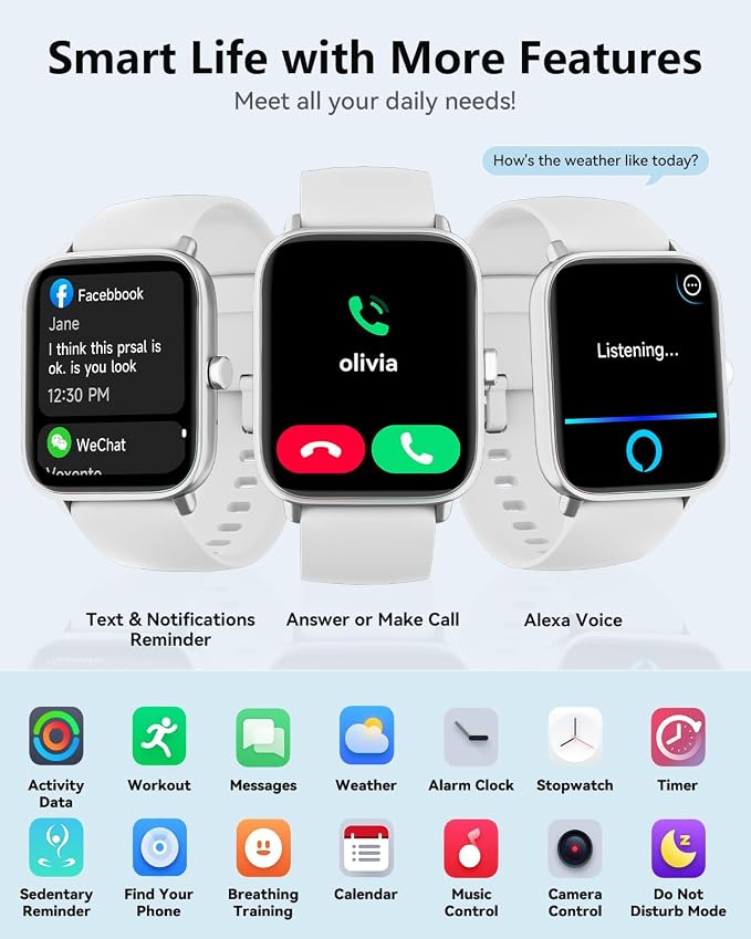 Quican Smart Watch for Women Men, Compatible for iPhone and Android Phones | 1.8" Fitness Tracker Watches, Alexa Built-in, Waterproof /Bluetooth Calling, Heart Rate/Sleep Monitor, Perfect Smart Gift