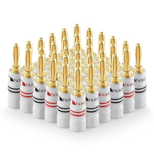 Nakamichi Excel Series 24k Gold Plated Banana Plugs 12-18 AWG Gauge Size 4mm for Speakers Amplifier Hi-Fi Receiver Stereo Home Theatre Audio Wire Cable Connector Set Screw Type 36 Pcs (18-Pairs)