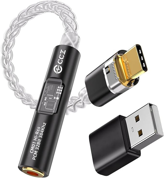 USB C to 3.5mm Audio Headphone Adapter with CX31993 MAX97220 Dual Chip Hi-Res DAC, Dongle usbc to Aux Adapter, CCZ CM01 8 Strand Single Crystal Copper Silver-Plated IEM Cable for KZ ZS10 PRO (Black)