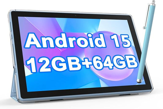 NOVOJOY Tablet 10 Inch Android Tablets with Case and Stylus Android 15 Tablet with Cover 2MP+8MP Dual Camera 6000mAh Battery 12GB RAM(4GB+8GB Expansion) 64GB ROM 5Gwifi-6 10.1" Tablets (Blue)