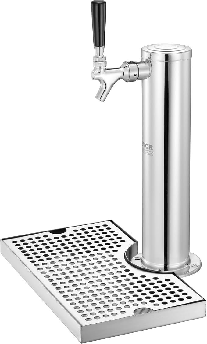 VEVOR Kegerator Tower Kit, Single Tap Beer Conversion Kit, Stainless Steel Keg Beer Tower Dispenser with Dual Gauge CGA320 Regulator & D-System Keg Coupler, Beer Drip Tray for Party Home