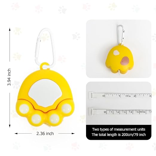 1 Pack Yellow Cat Paw Shaped Retractable Tape Measure, 2M (79Inch) Dual-Sided Scale with Belt Clip, Measuring Tape for Measurements & DIY Crafts