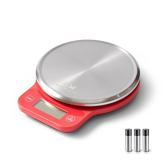 Kitchen Mama Q-Series Digital Food Scale, Red | 13.2 lb / 6000g Capacity, 1g Precision, Tare Function, Stainless Steel Platform, LCD Display