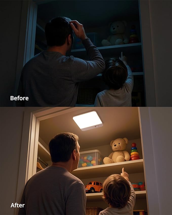Combuh Battery Operated Ceiling Light, Rechargeable Motion Sensor Lighting with Remote, 3 Colors Waterproof Magnetic Cordless Lamp for Closet, Shower, Pantry, Garage, Hallway, 7.87Inch, Square