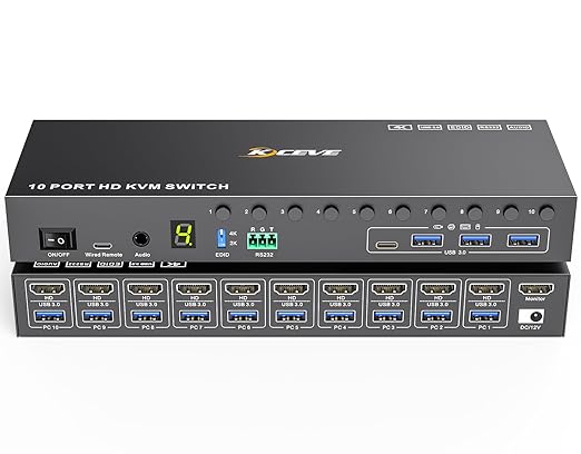 10 Port 8 Port KVM Switch HDMI 4K@60Hz EDID Simulation, USB 3.0 HDMI KVM Switch for 10 Computers Share 1 Monitor and 4 USB Devices, KVM Switches with Audio RS232 Wired Remote 12V Power and USB Cable
