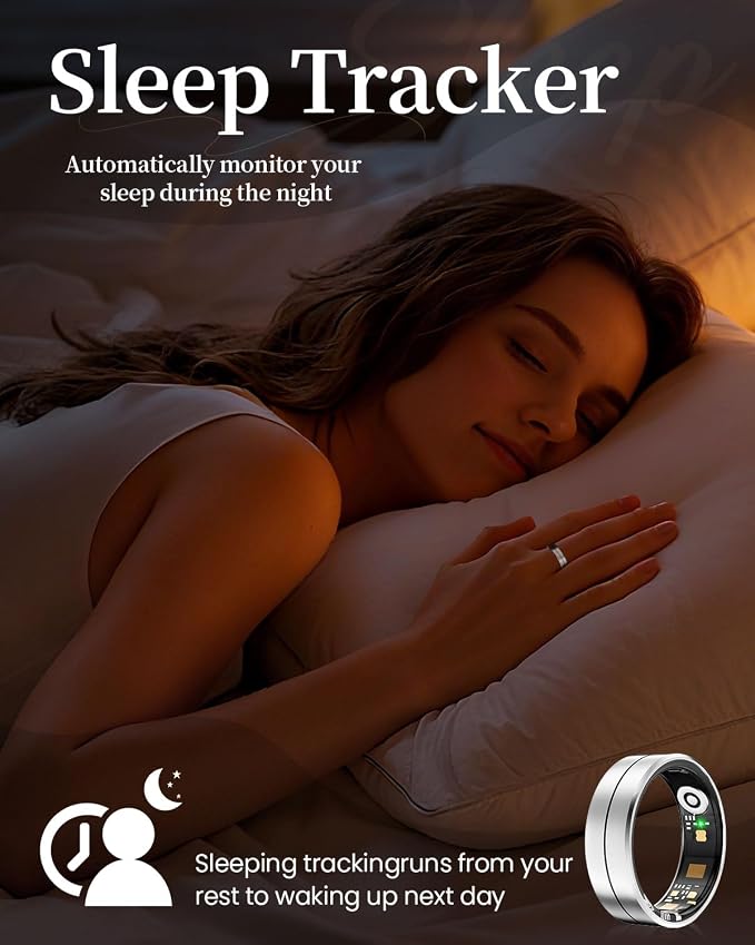 Fvtga Smart Ring for Women Men, Health Tracker with Digital Charging Case, 24/7 Heart Rate SpO2 Sleep Stress Monitoring, IP68 Waterproof Fitness Ring, No Subscription Fee, iOS Android(Silver, 9)