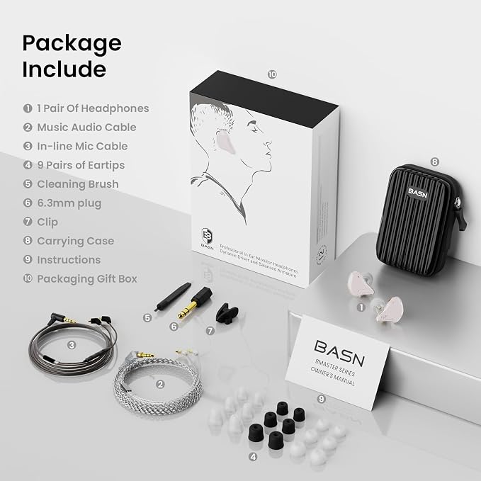 BASN in Ear Monitor Headphones, Triple Driver IEM Earphones with Powerful Bass, Noise Isolation HiFi Stereo Wired Earbuds for Musicians Singers Drummers (Cloud Pink)