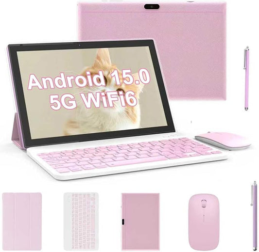 Tablet 2 in 1 Tablets 10 inch Android 15 Tablet Set with Keyboard Case Mouse Stylus Pen, 8GB+32GB Tablets 10.1" HD Touch Screen Tab, 2MP+8MP Dual Camera 6000mAh battery WiFi6 Bluetooth Tableta PC Pink