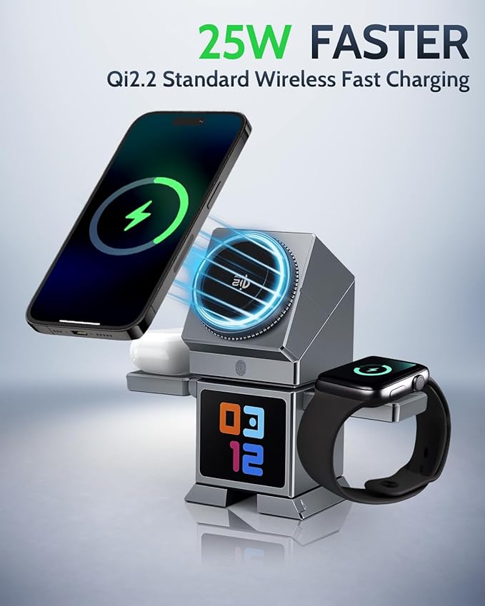 ModiTech 7 in 1 Wireless Charging Station for Apple - Qi2.2 Certified 25W Magnetic Magsafe Charger Stand for iPhone 17/16/15/14/13/12 - Apple Watch - Airpods Series, Grey with Adapter